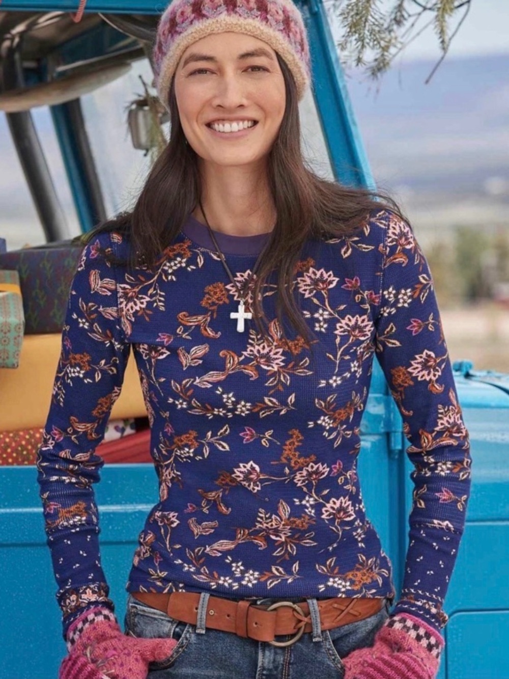 Sundance Loretta Cobalt Blue Floral Long-Sleeve Waffle Thermal XL Crewneck Boho
